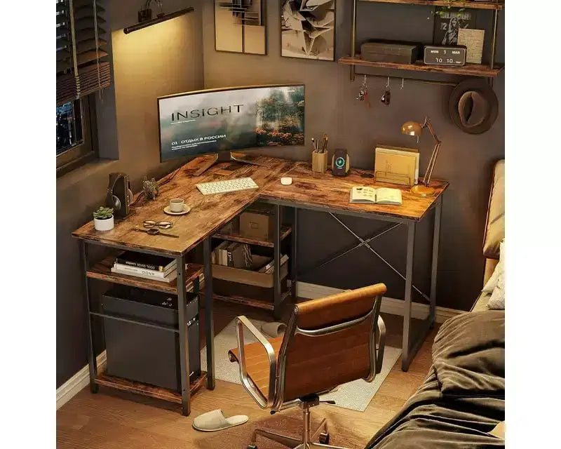 Bestier 47'' L Shaped Computer Desk, Reversible Corner Office Desk with Adjustable Shelves, Writing Study Table for 2 Person Home Office Small Space