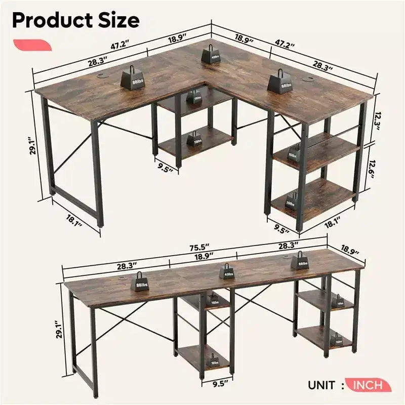 Bestier 47'' L Shaped Computer Desk, Reversible Corner Office Desk with Adjustable Shelves, Writing Study Table for 2 Person Home Office Small Space