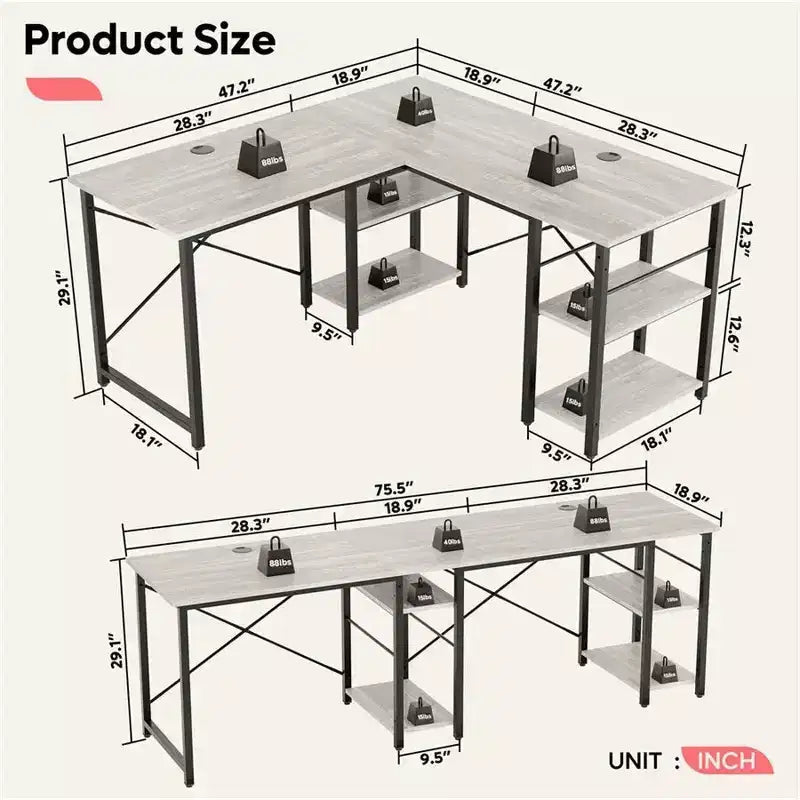 Bestier 47'' L Shaped Computer Desk, Reversible Corner Office Desk with Adjustable Shelves, Writing Study Table for 2 Person Home Office Small Space