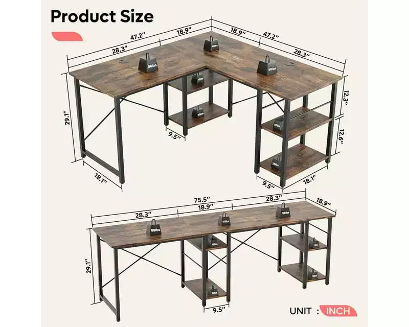 Bestier 47'' L Shaped Computer Desk, Reversible Corner Office Desk with Adjustable Shelves, Writing Study Table for 2 Person Home Office Small Space