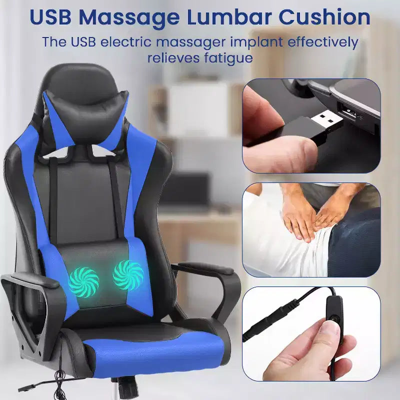 BestMassage Gaming Chair High-Back Office Chair with Lumbar Support Massage Function and PU Leather Rolling Swivel Chair for Adults and Teens