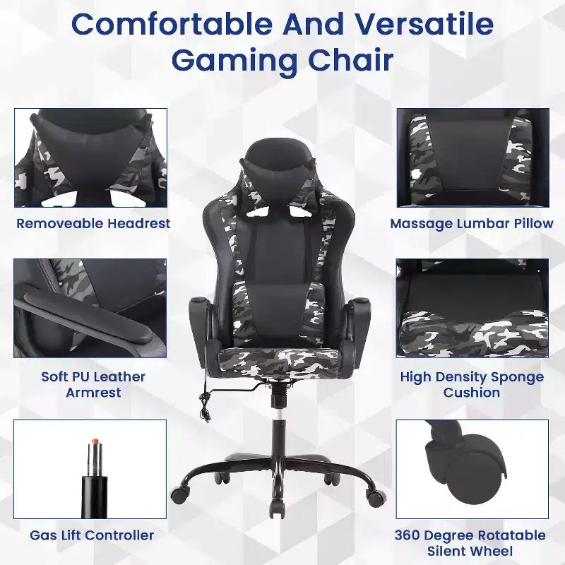 BestMassage Gaming Chair High-Back Office Chair with Lumbar Support Massage Function and PU Leather Rolling Swivel Chair for Adults and Teens