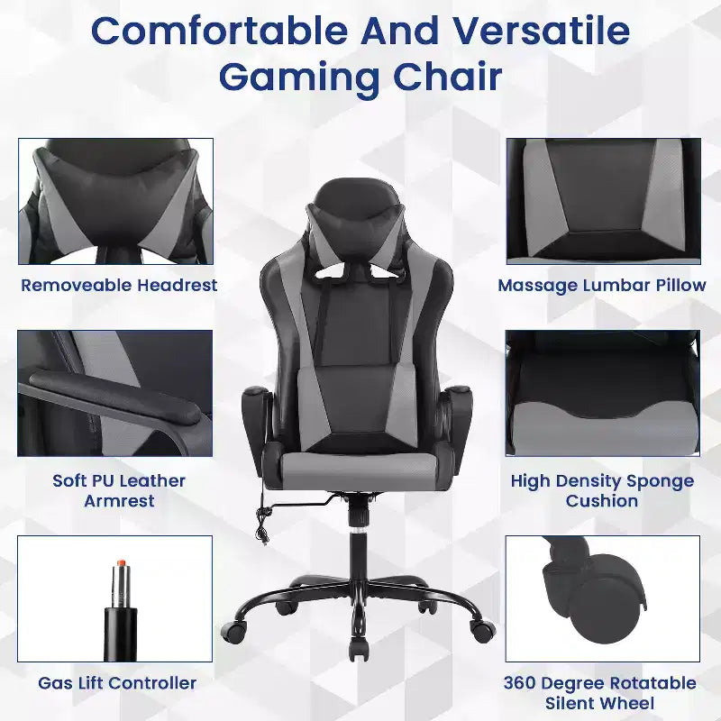 BestMassage Gaming Chair High-Back Office Chair with Lumbar Support Massage Function and PU Leather Rolling Swivel Chair for Adults and Teens