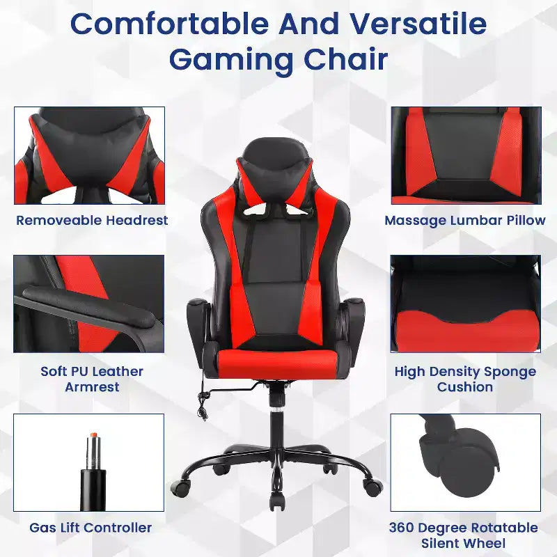 BestMassage Gaming Chair High-Back Office Chair with Lumbar Support Massage Function and PU Leather Rolling Swivel Chair for Adults and Teens