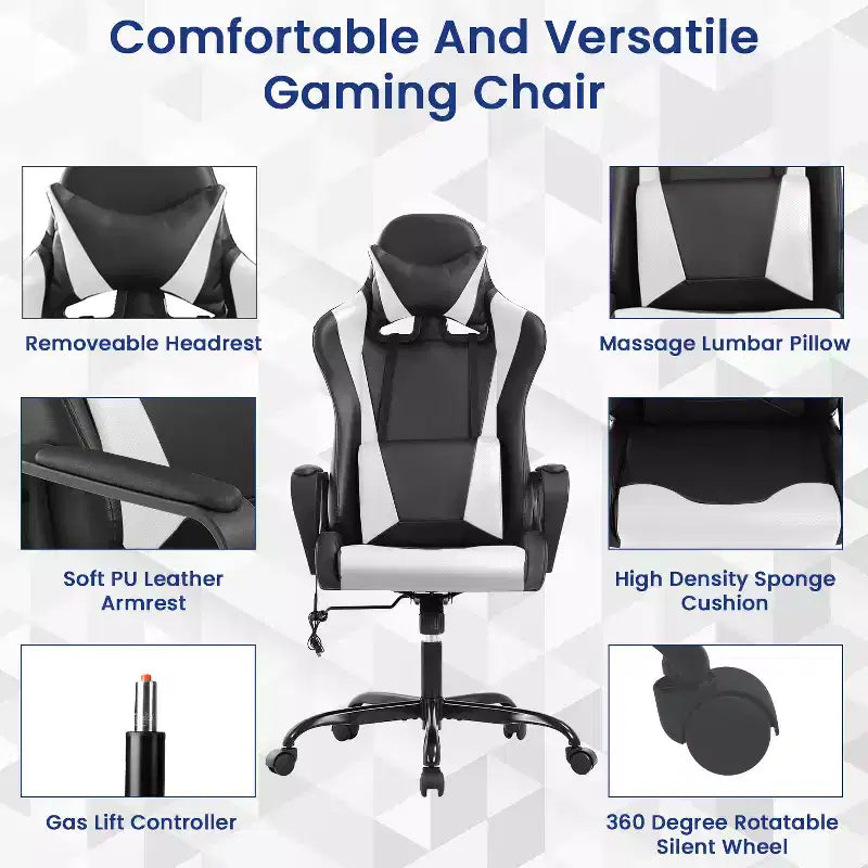 BestMassage Gaming Chair High-Back Office Chair with Lumbar Support Massage Function and PU Leather Rolling Swivel Chair for Adults and Teens
