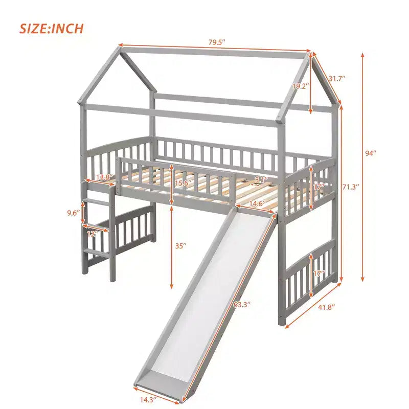 Letto a soppalco/a casetta Whisen 79.5L x 41.8W moderno, dimensione doppia, con scivolo