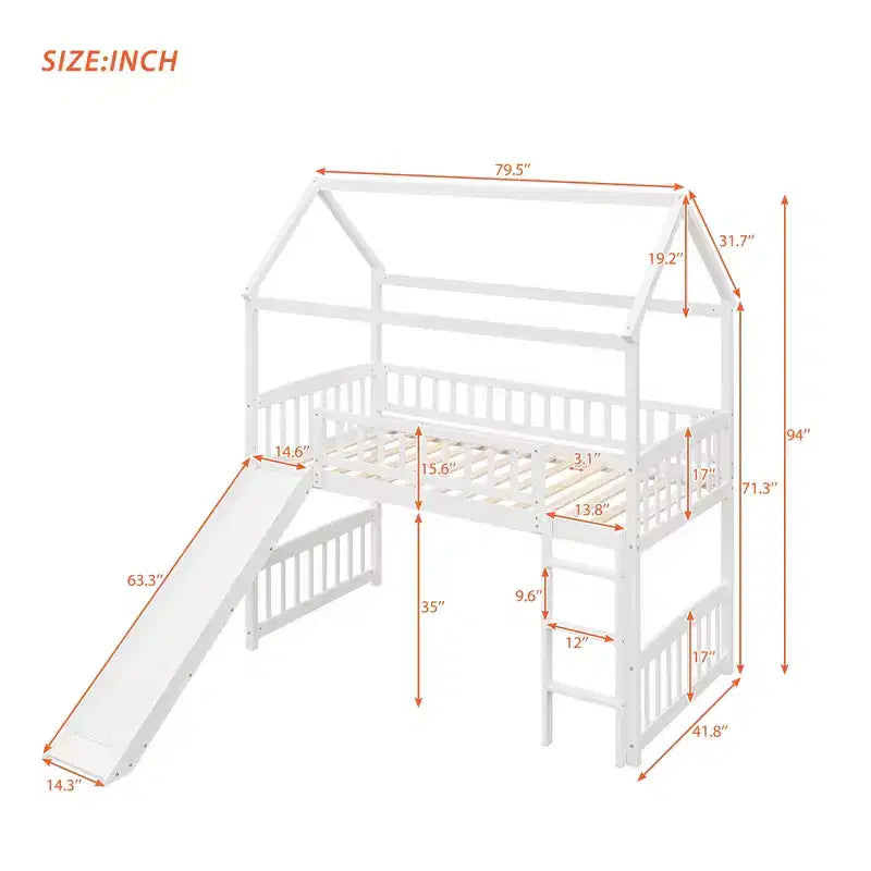 Letto a soppalco/a casetta Whisen 79.5L x 41.8W moderno, dimensione doppia, con scivolo