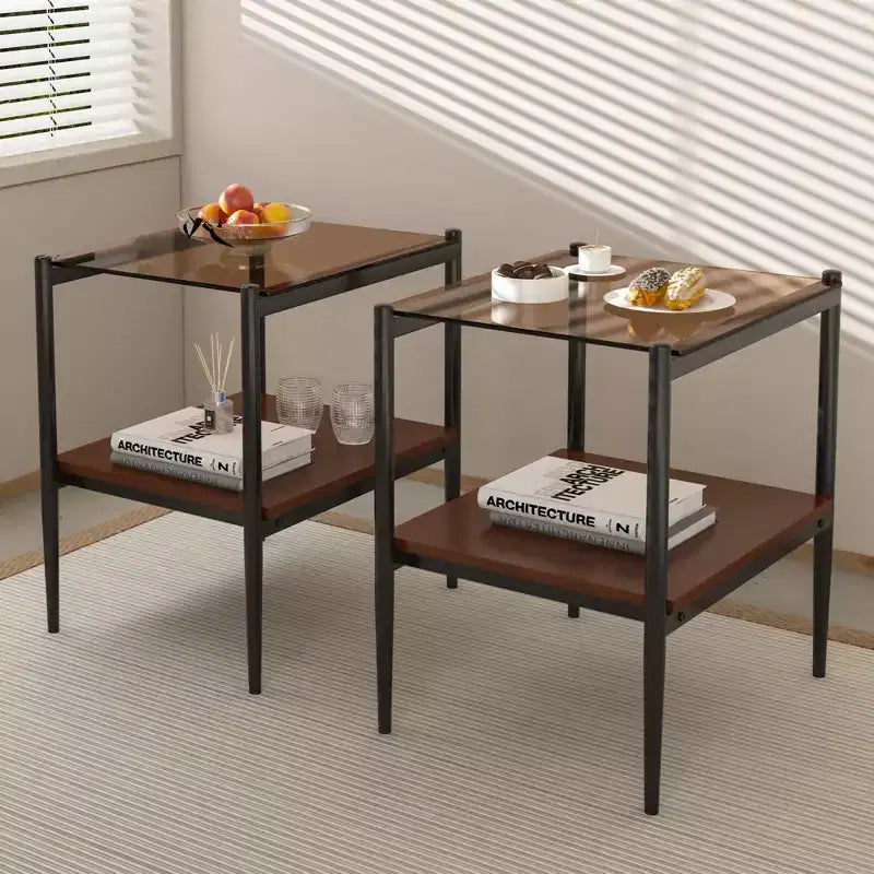 MAYEERTY Set of 2 Rectangle End Table with Tempered Glass Tabletop, for Living Room, Brown Glass