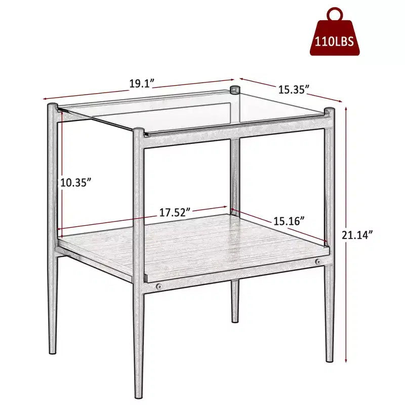 MAYEERTY Set of 2 Rectangle End Table with Tempered Glass Tabletop, for Living Room, Brown Glass