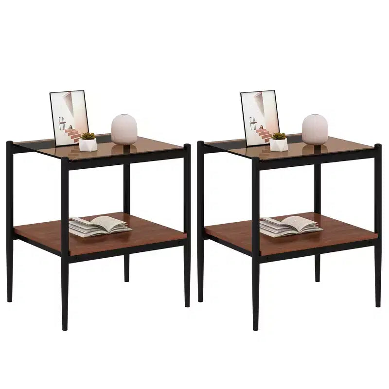 MAYEERTY Set of 2 Rectangle End Table with Tempered Glass Tabletop, for Living Room, Brown Glass