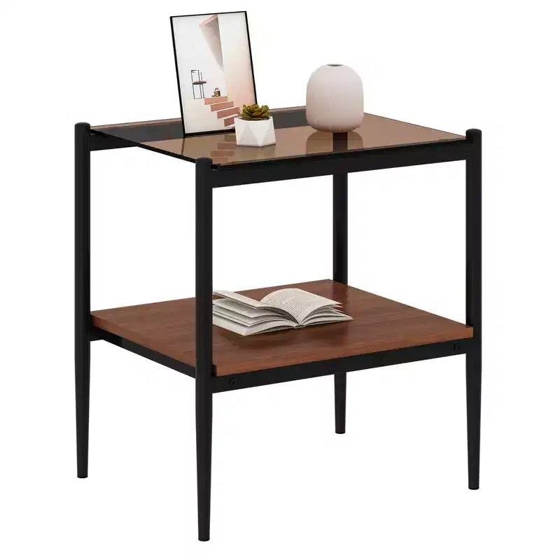 MAYEERTY Set of 2 Rectangle End Table with Tempered Glass Tabletop, for Living Room, Brown Glass
