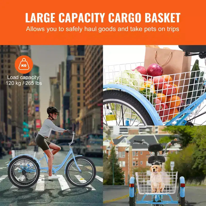 VEVOR Adult Tricycles Bike, 7 Speed Adult Trikes, 20 Inch Three-Wheeled Bicycles, Carbon Steel Cruiser Bike with Basket and Adjustable Seat