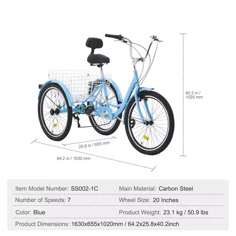 VEVOR Adult Tricycles Bike, 7 Speed Adult Trikes, 20 Inch Three-Wheeled Bicycles, Carbon Steel Cruiser Bike with Basket and Adjustable Seat