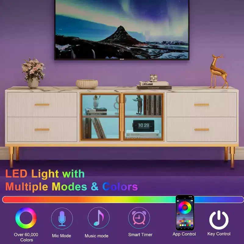Mobile TV Acekool da 65 pollici con luci LED, Consolle Moderna con 4 Cassetti, Ripiani e Ante in Vetro per TV da 55-75 pollici