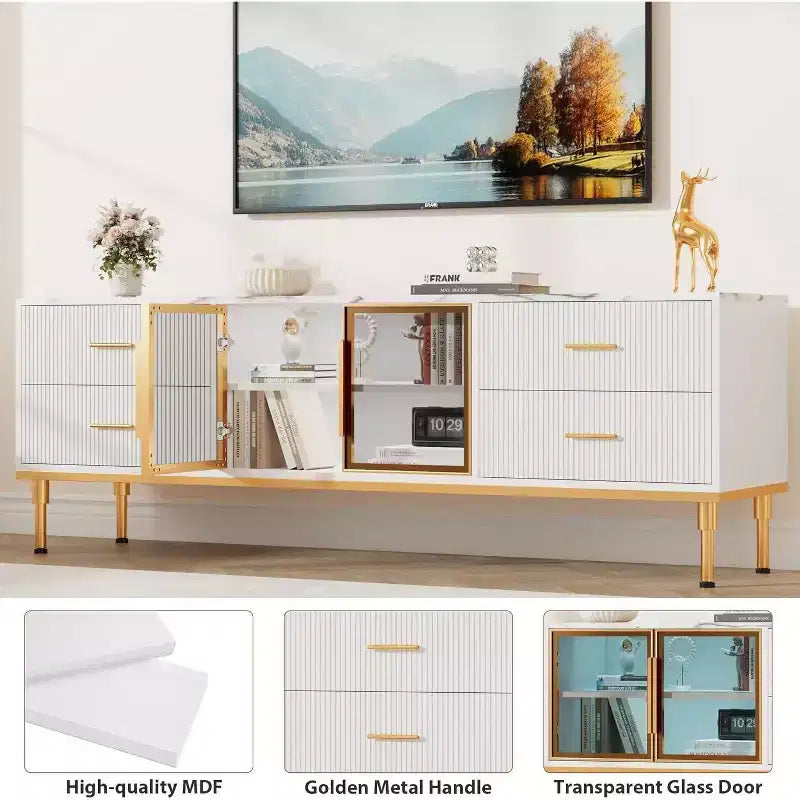 Mobile TV Acekool da 65 pollici con luci LED, Consolle Moderna con 4 Cassetti, Ripiani e Ante in Vetro per TV da 55-75 pollici