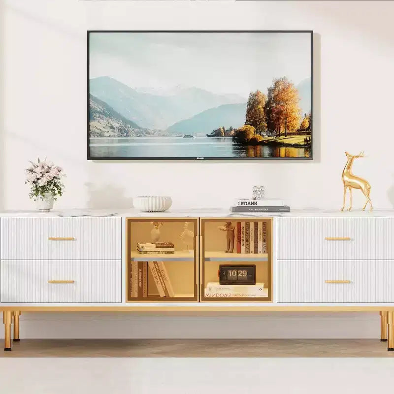Mobile TV Acekool da 65 pollici con luci LED, Consolle Moderna con 4 Cassetti, Ripiani e Ante in Vetro per TV da 55-75 pollici