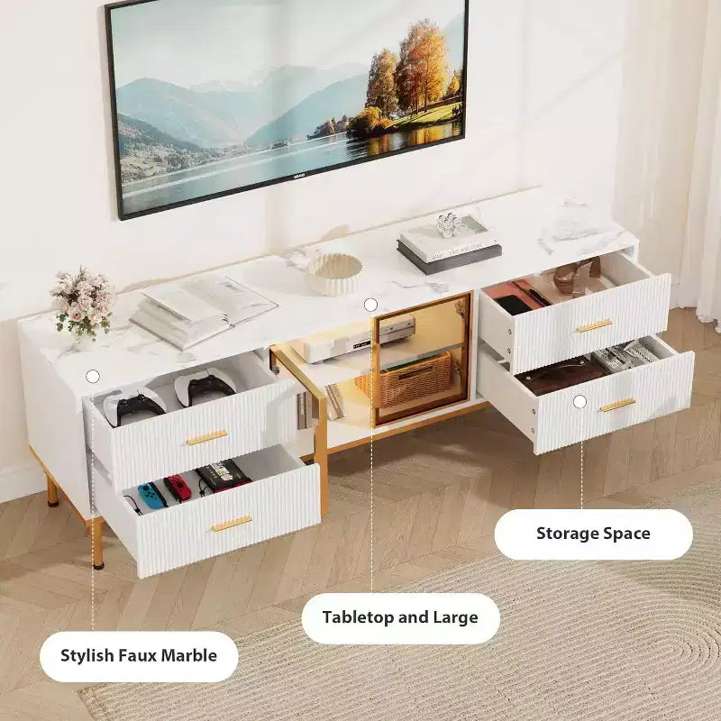 Mobile TV Acekool da 65 pollici con luci LED, Consolle Moderna con 4 Cassetti, Ripiani e Ante in Vetro per TV da 55-75 pollici
