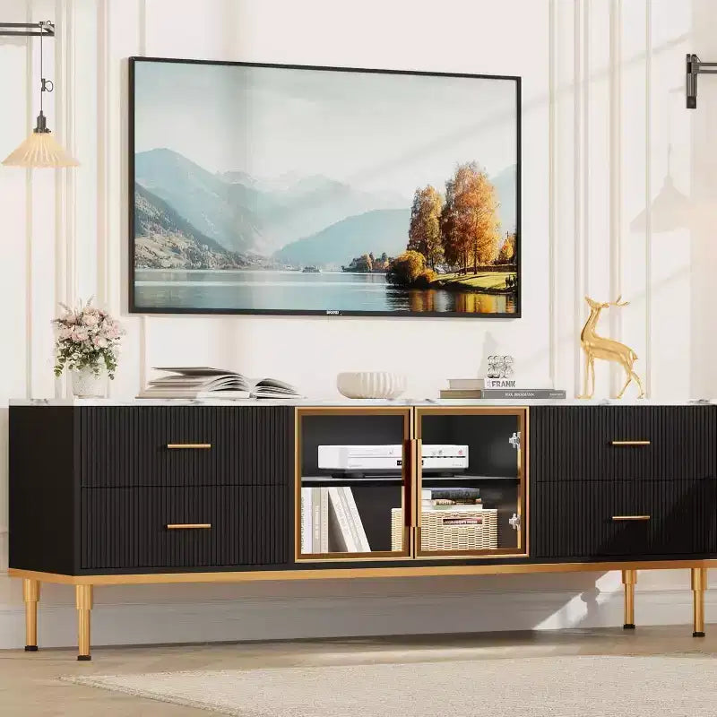 Mobile TV Acekool da 65 pollici con luci LED, Consolle Moderna con 4 Cassetti, Ripiani e Ante in Vetro per TV da 55-75 pollici
