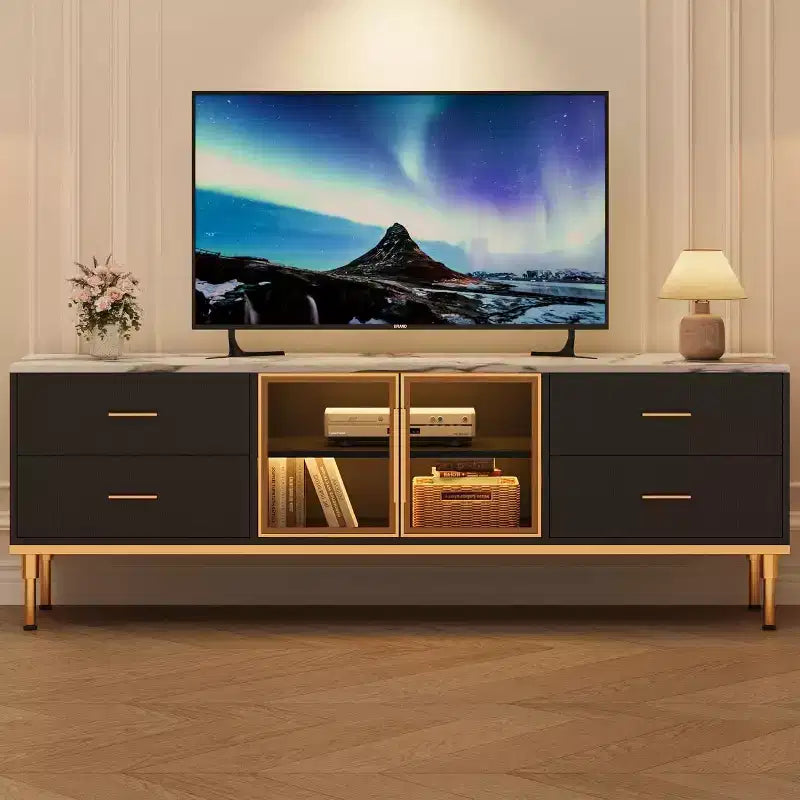 Mobile TV Acekool da 65 pollici con luci LED, Consolle Moderna con 4 Cassetti, Ripiani e Ante in Vetro per TV da 55-75 pollici