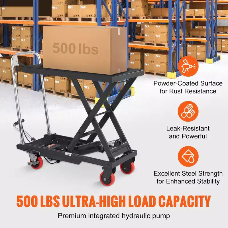 VEVOR Hydraulic Lift Table Cart, 500lbs Capacity 28.5 Lifting Height, Manual Single Scissor Lift Table with 4 Wheels and Non-slip Pad