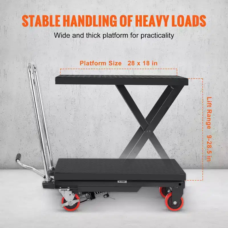 VEVOR Hydraulic Lift Table Cart, 500lbs Capacity 28.5 Lifting Height, Manual Single Scissor Lift Table with 4 Wheels and Non-slip Pad