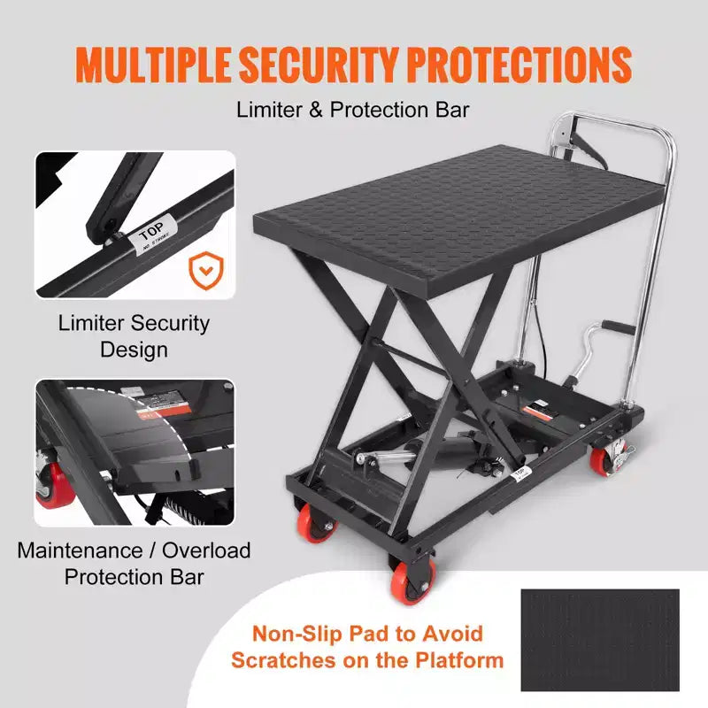 VEVOR Hydraulic Lift Table Cart, 500lbs Capacity 28.5 Lifting Height, Manual Single Scissor Lift Table with 4 Wheels and Non-slip Pad
