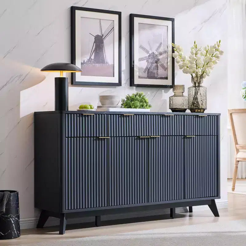 Mobile credenza da 60", Tavolo da caffè con scanalature, 3 cassetti e 4 ante, Credenza moderna per sala da pranzo, soggiorno