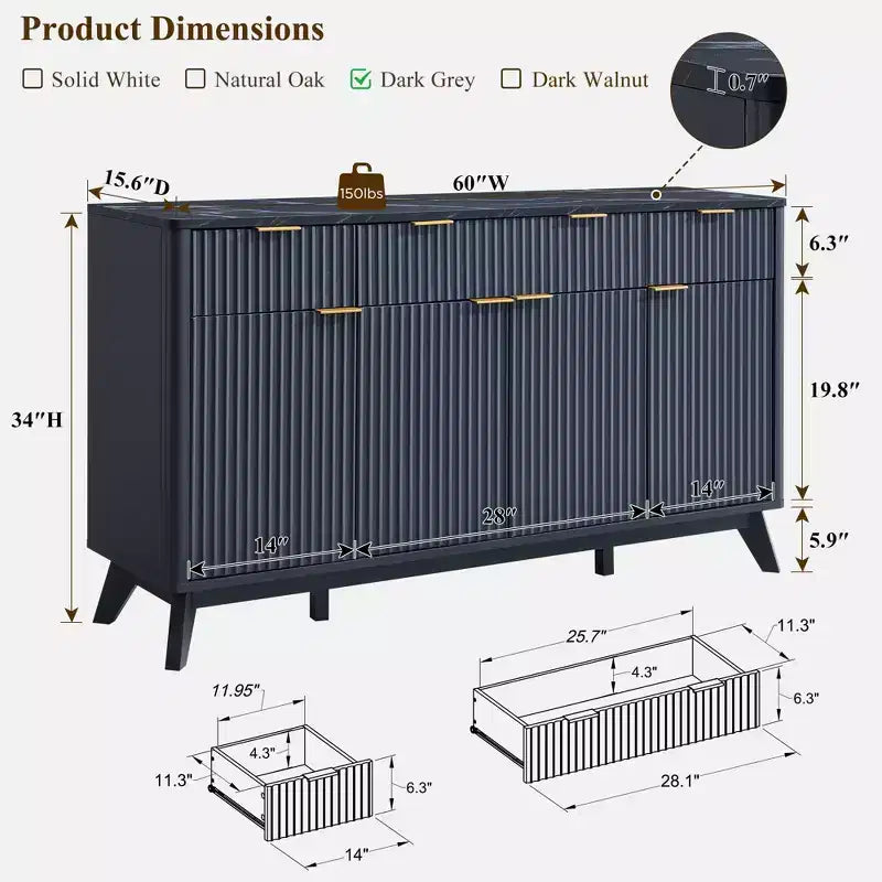 Mobile credenza da 60", Tavolo da caffè con scanalature, 3 cassetti e 4 ante, Credenza moderna per sala da pranzo, soggiorno