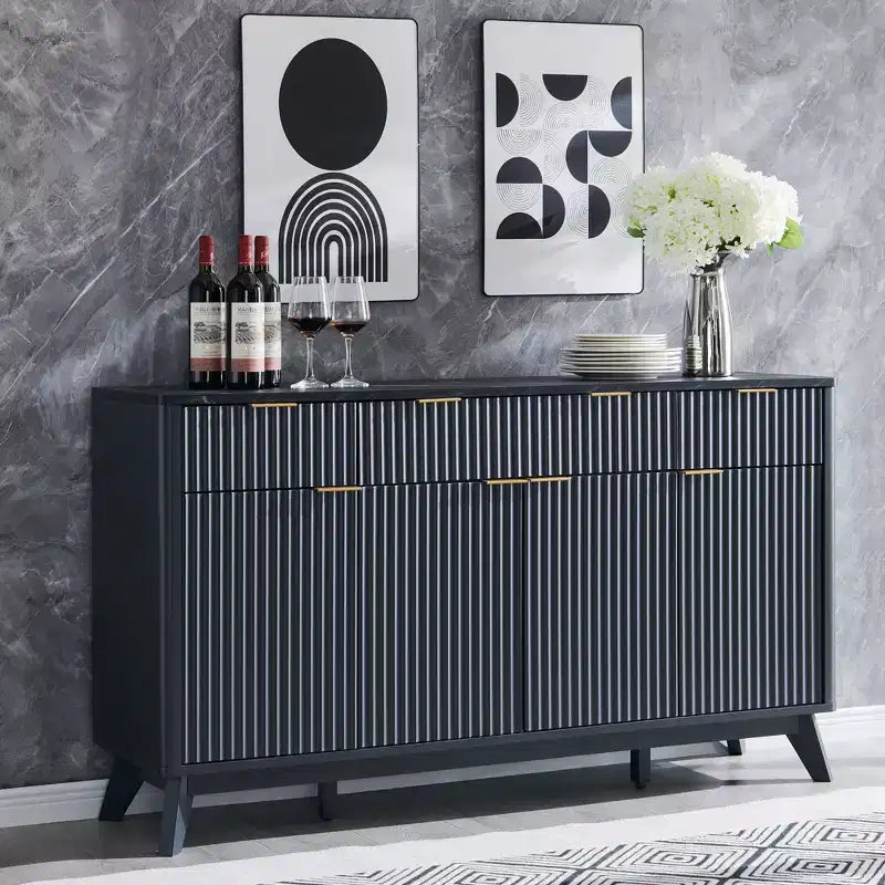 Mobile credenza da 60", Tavolo da caffè con scanalature, 3 cassetti e 4 ante, Credenza moderna per sala da pranzo, soggiorno