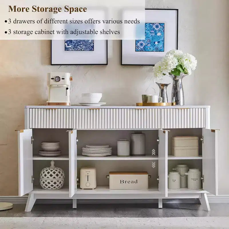 Mobile credenza da 60", Tavolo da caffè con scanalature, 3 cassetti e 4 ante, Credenza moderna per sala da pranzo, soggiorno