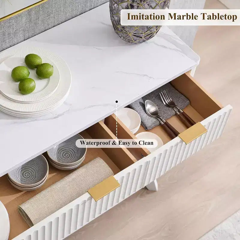 Mobile credenza da 60", Tavolo da caffè con scanalature, 3 cassetti e 4 ante, Credenza moderna per sala da pranzo, soggiorno