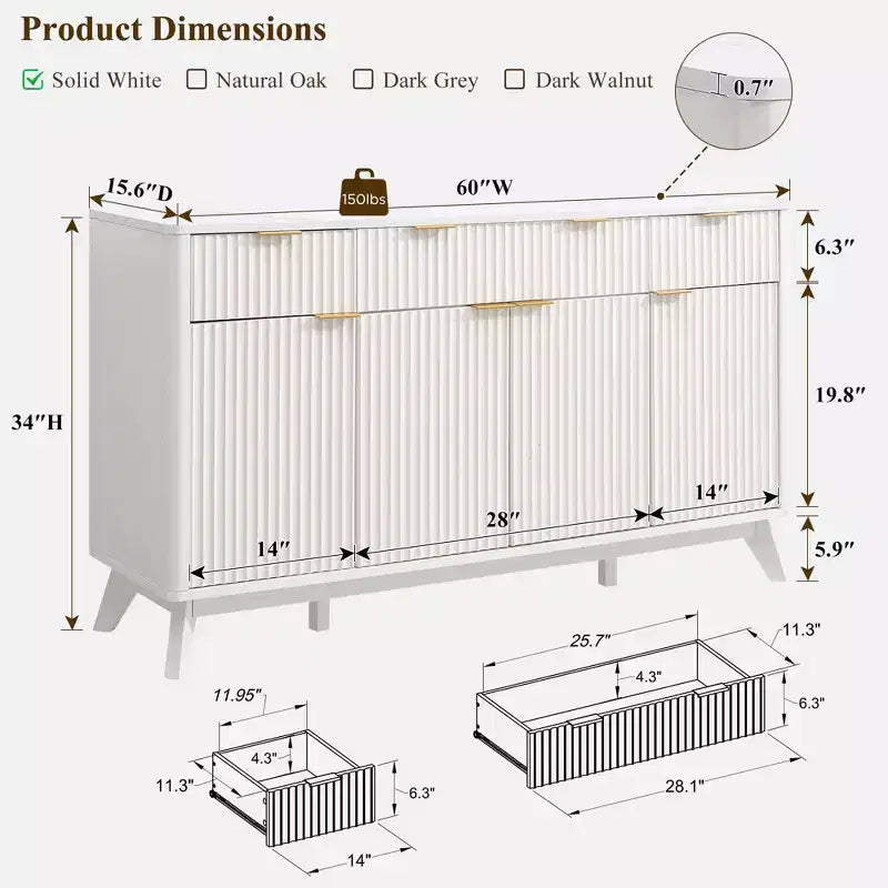 Mobile credenza da 60", Tavolo da caffè con scanalature, 3 cassetti e 4 ante, Credenza moderna per sala da pranzo, soggiorno