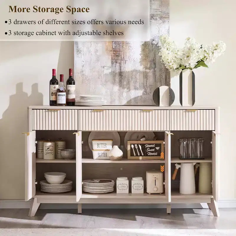 Mobile credenza da 60", Tavolo da caffè con scanalature, 3 cassetti e 4 ante, Credenza moderna per sala da pranzo, soggiorno