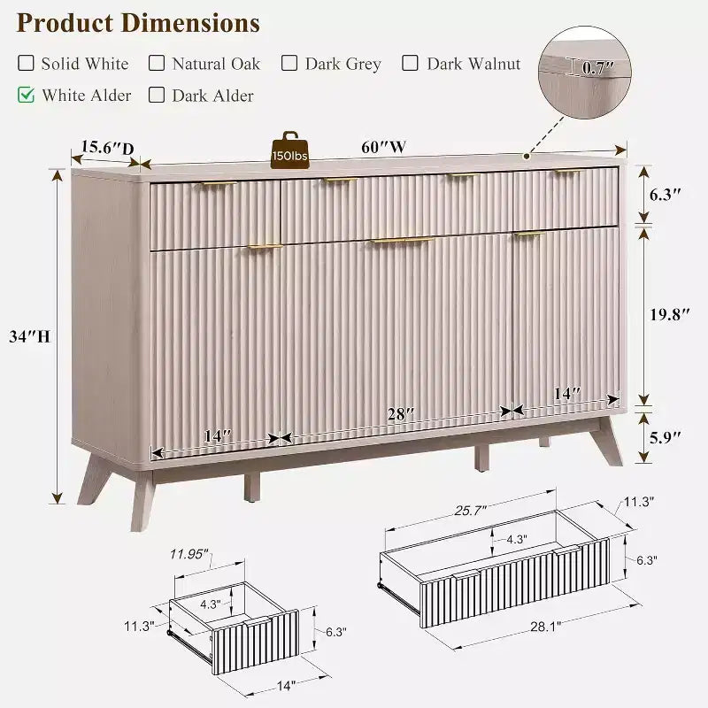 Mobile credenza da 60", Tavolo da caffè con scanalature, 3 cassetti e 4 ante, Credenza moderna per sala da pranzo, soggiorno
