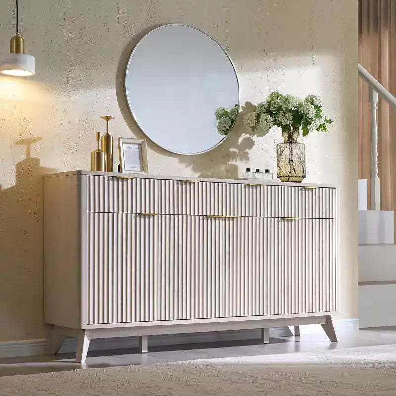 Mobile credenza da 60", Tavolo da caffè con scanalature, 3 cassetti e 4 ante, Credenza moderna per sala da pranzo, soggiorno