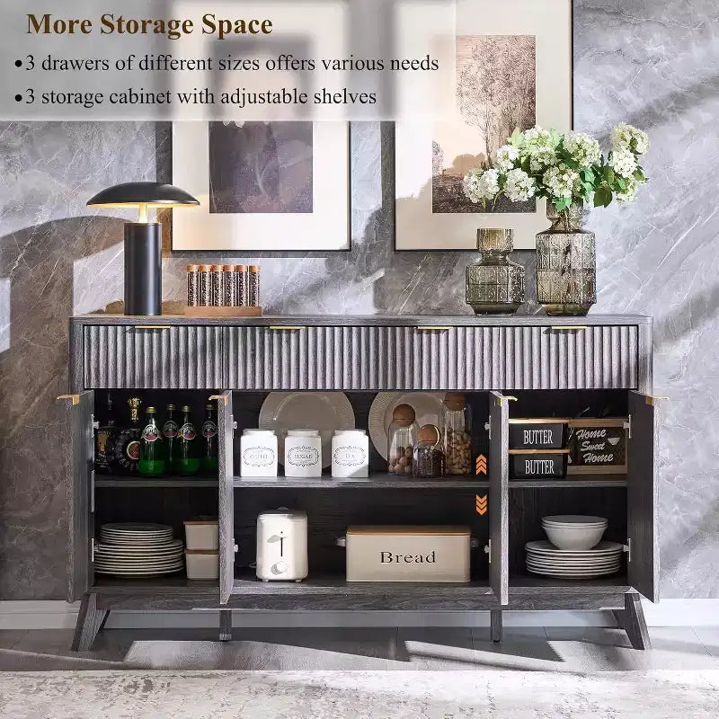 Mobile credenza da 60", Tavolo da caffè con scanalature, 3 cassetti e 4 ante, Credenza moderna per sala da pranzo, soggiorno