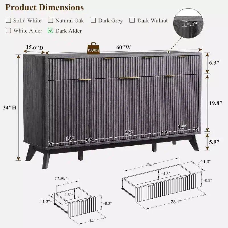 Mobile credenza da 60", Tavolo da caffè con scanalature, 3 cassetti e 4 ante, Credenza moderna per sala da pranzo, soggiorno