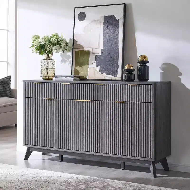 Mobile credenza da 60", Tavolo da caffè con scanalature, 3 cassetti e 4 ante, Credenza moderna per sala da pranzo, soggiorno