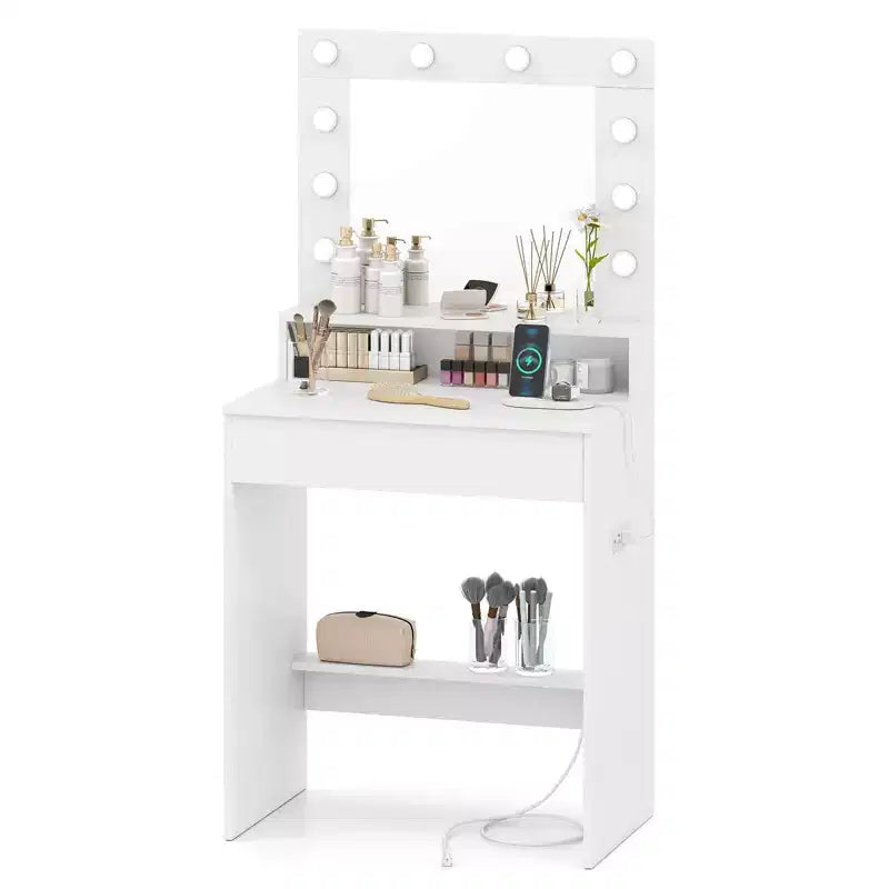 Costway Vanity Desk with Mirror and Lights with 3 Light Modes & Adjustable Brightness White