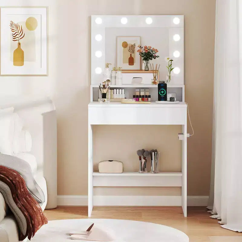 Costway Tavolo da Trucco con Specchio e Luci con 3 Modalità di Illuminazione e Luminosità Regolabile, Bianco