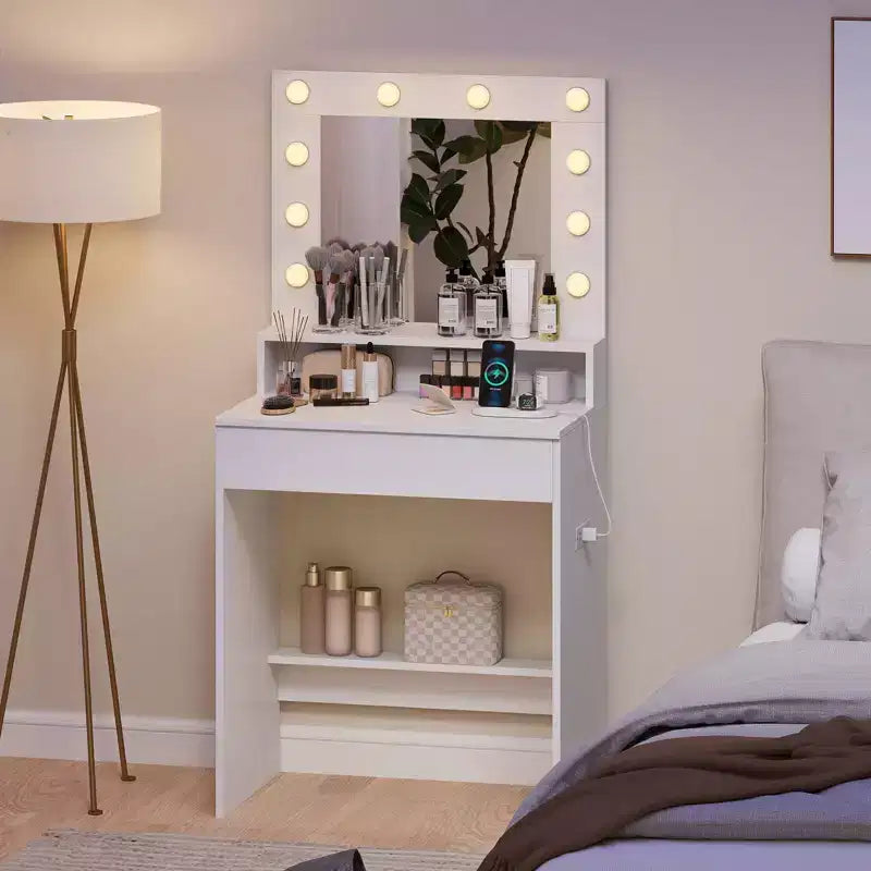 Costway Tavolo da Trucco con Specchio e Luci con 3 Modalità di Illuminazione e Luminosità Regolabile, Bianco