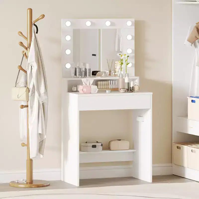 Costway Tavolo da Trucco con Specchio e Luci con 3 Modalità di Illuminazione e Luminosità Regolabile, Bianco