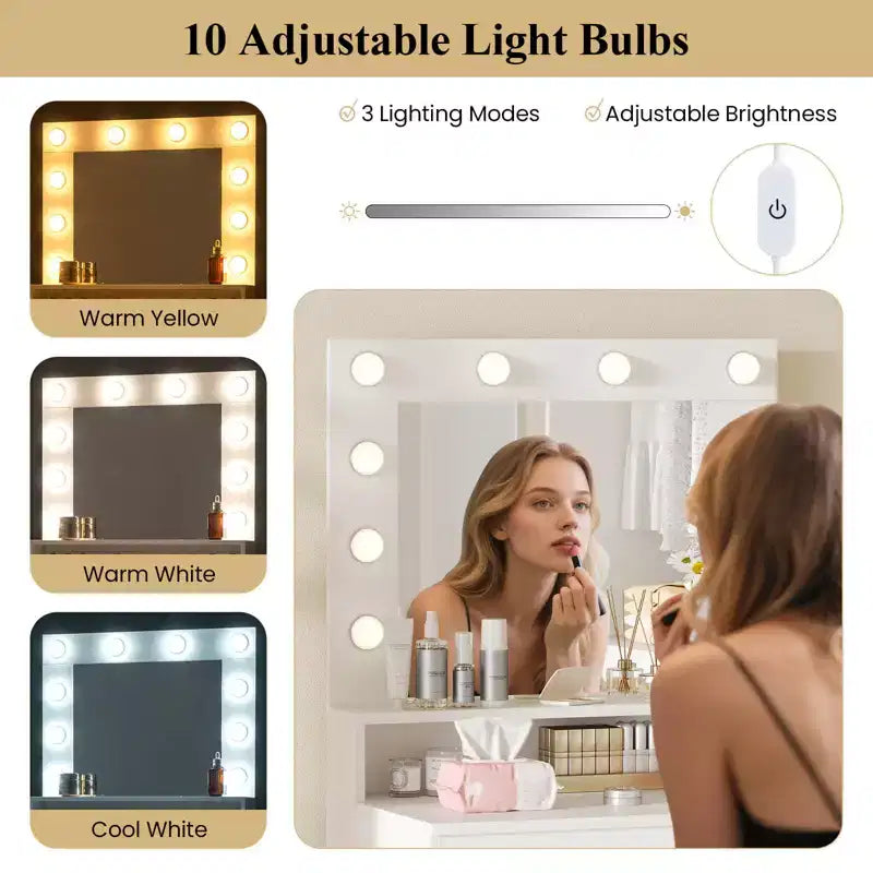 Costway Tavolo da Trucco con Specchio e Luci con 3 Modalità di Illuminazione e Luminosità Regolabile, Bianco