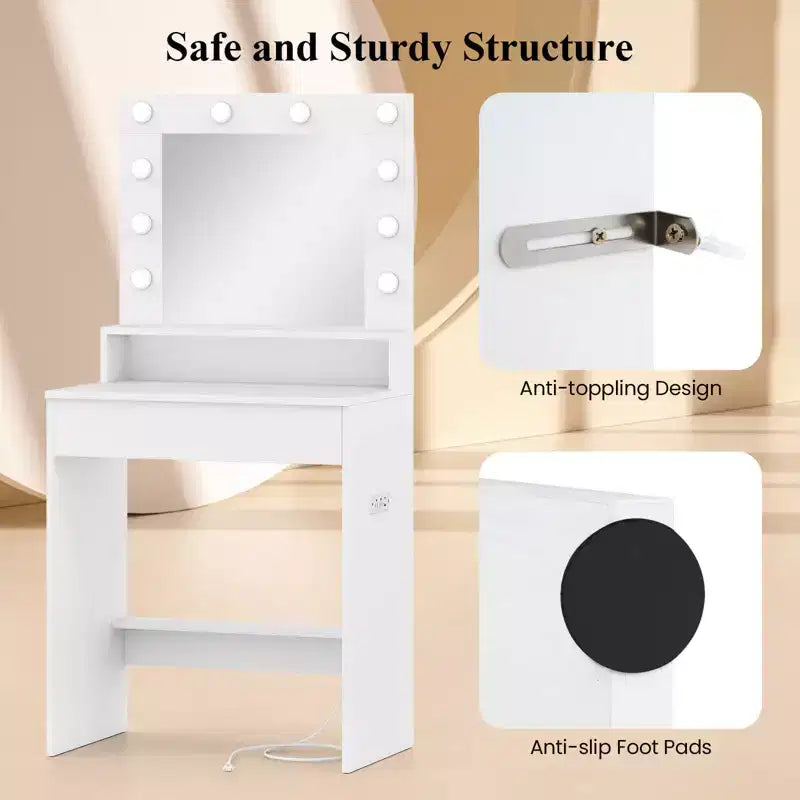 Costway Tavolo da Trucco con Specchio e Luci con 3 Modalità di Illuminazione e Luminosità Regolabile, Bianco