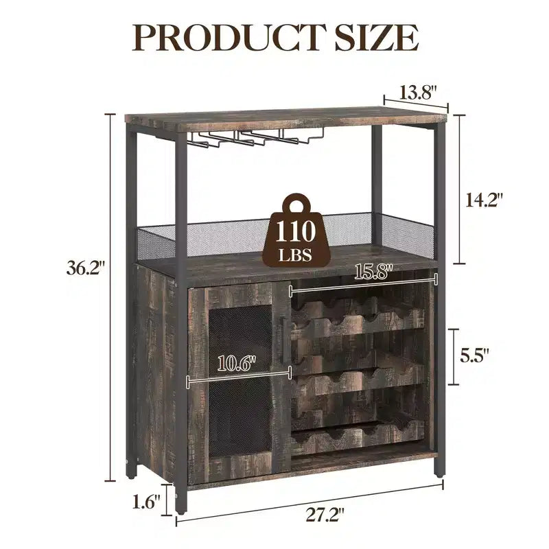 Grey 3-Tier Industrial Wine Bar Cabinet (12+ Bottles)  36H x 24W x 15D, Detachable Rack, 9 Glass Holders & Adjustable Shelves for Home/Bar