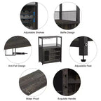Grey 3-Tier Industrial Wine Bar Cabinet (12+ Bottles)  36H x 24W x 15D, Detachable Rack, 9 Glass Holders & Adjustable Shelves for Home/Bar