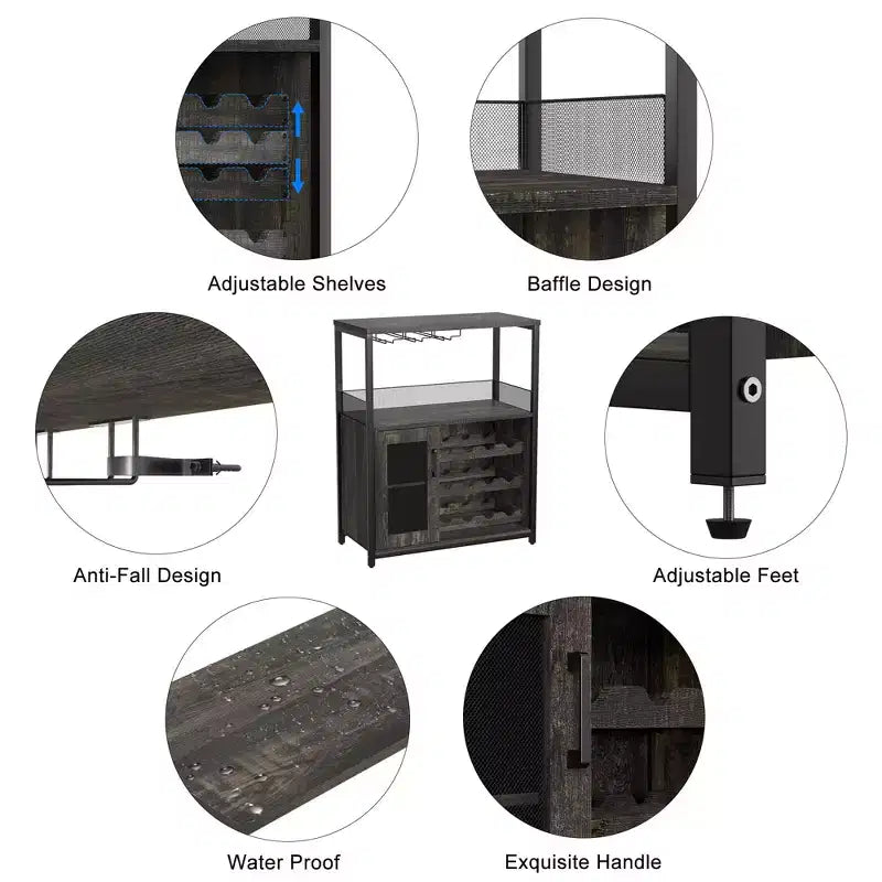 Grey 3-Tier Industrial Wine Bar Cabinet (12+ Bottles)  36H x 24W x 15D, Detachable Rack, 9 Glass Holders & Adjustable Shelves for Home/Bar