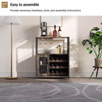 Grey 3-Tier Industrial Wine Bar Cabinet (12+ Bottles)  36H x 24W x 15D, Detachable Rack, 9 Glass Holders & Adjustable Shelves for Home/Bar