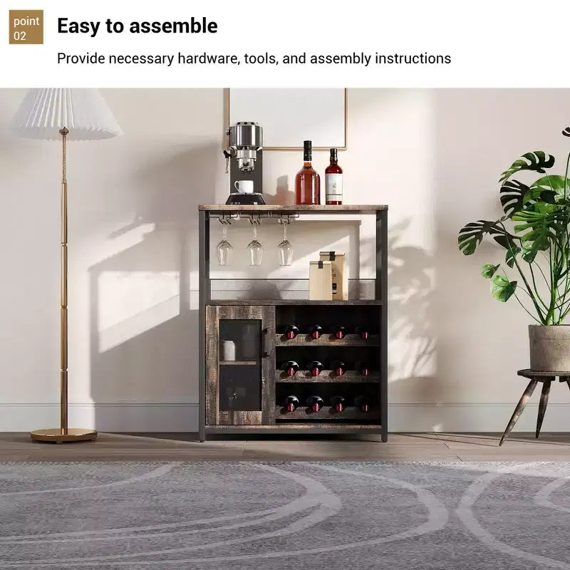 Grey 3-Tier Industrial Wine Bar Cabinet (12+ Bottles)  36H x 24W x 15D, Detachable Rack, 9 Glass Holders & Adjustable Shelves for Home/Bar