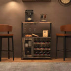 Grey 3-Tier Industrial Wine Bar Cabinet (12+ Bottles)  36H x 24W x 15D, Detachable Rack, 9 Glass Holders & Adjustable Shelves for Home/Bar